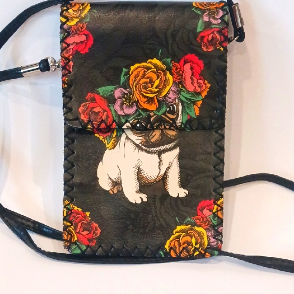 PUG Dog w/ Flowers Crossbody Bag Cell phone Purse Hand Stiched Vegan Leather